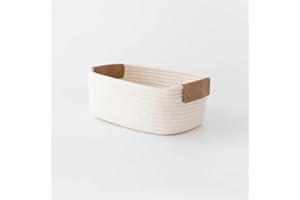 SOORXIEIN 1 Pack Cotton Woven Basket with PU Leather Handle, Small Organizer for Kids Clothes Toys Candy Birthday Gifts, Small Storage for Living Room Bathroom, Bed for Dog Cat, Cute Decor, Beige