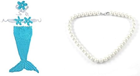 Newborn Photography Prop Bundle – 1 Simulated big pearl necklace -1 Blue Mermaid Tail - 1 Starfish Headband -1 Starfish Bikini Top (Teal Mermaid)