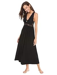 Camisón largo sexy de encaje con cuello en V, sin mangas, elegante, para dama