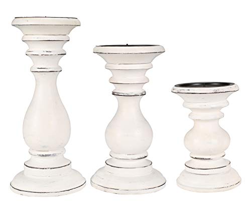Set of 3 Wooden Pillar Candle Holders, Ideal for LED and Pillar Candles, Gifts for Wedding, Party, Home, Spa, Reiki, Aromatherapy, Votive Candle Gardens - 10 Inch, 8 Inch, and 6 Inch - Antique White