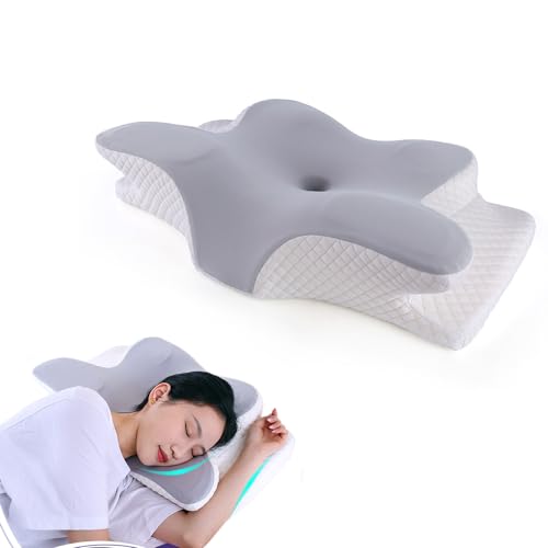 JeeLeeko Almohada Cervical de Espuma viscoelástica Almohada ortopédica ergonómica 2 en 1 Que Alivia el Dolor de Cuello y Brinda Soporte Contorneado para Personas Que Duermen de Lado