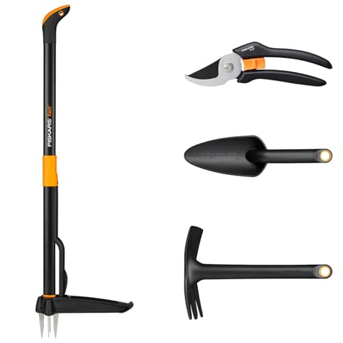 Fiskars Gartenwerkzeuge-Set, 4-teilig, Xact Unkrautstecher, Länge: 1 m, Solid Kombihacke, Länge: 28 cm, Solid Blumenkelle, Länge: 28 cm, Solid Bypass-Gartenschere P121, 1077309