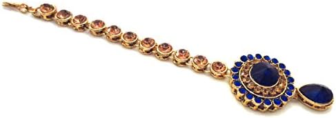Sparkle World Indian Traditional Blue Kundan Gold Tone Maang Tikka Bridal Forehead Head &amp; Hair Chain Jewelry