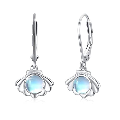 Moonstone Leverback Earrings 925 Sterling Silver Shell Earrings Huggie Drop Dangly Earring Moonstone Jewellery Christmas Gifts for Women Ladies Girls Kids