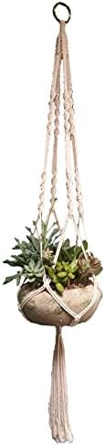 Macramé Plant Hanger, Handmade Decorative Indoor/Outdoor Hanging Planter Holder, Natural Cotton, 4 Legs 42 Inches, Metal Ring for Hanging