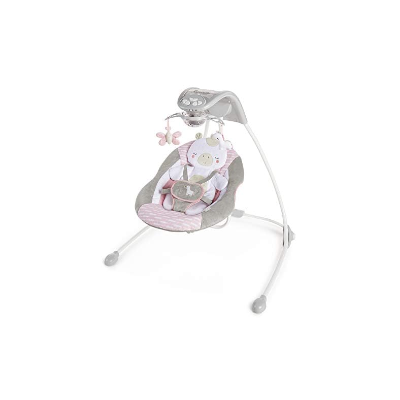 Ingenuity InLighten 6-Speed Baby Swing – Easy-Fold Frame, Swivel Infant Seat, Nature Sounds, Light Up Mobile – Flora the…