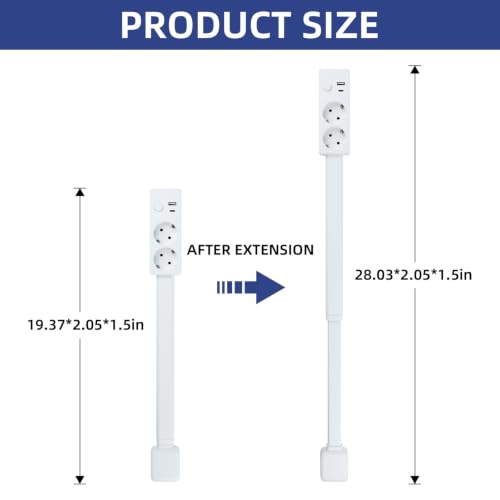 180° Swivel Extendable Power Strip 45-71 cm with 2 Outlets USB-A and USB-C, Extension Plug for Bedside, Desk, Sofa and Office