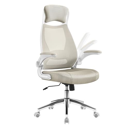 Chaise de Bureau, Fauteuil Pivotant, Siège avec Accoudoirs Rabattables, Appui-tête et Support Lombaire, Dossier Inclinable, Surface en Toile, Beige Cappuccino OBN086K01