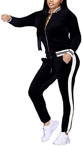 Women Velvet Long Sleeve Striped Zipper Up Jacket and Soft Long Pants Sparkle Pantsuit Set