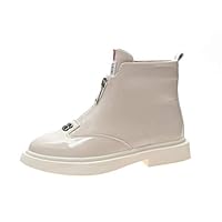 QINGMM Women Zipper Martin Boots Comfortable Round Head Bright Leather Winter Waterproof Platform Booties,Beige,36