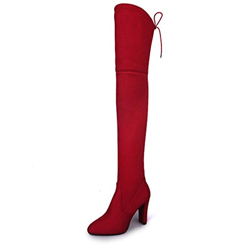 Tenworld Women's Faux Leather Thigh High Over The Knee Chunky Heel Long Boots (4.5, Red) - Thumbnail 4