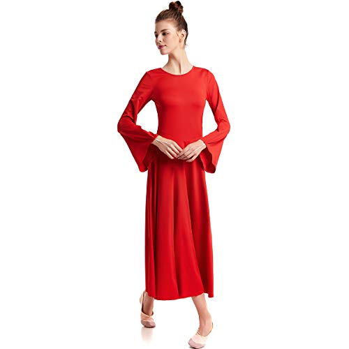HIHCBF Adult Women Bell Sleeve Liturgical Praise Dress Solid Color Full Length Wide Swing Loose Fit Worship Dancewear Red XL - Thumbnail 7
