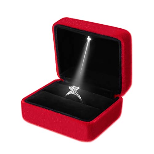 MSSZDLI Velvet Ring Box LED Light Jewelry Engagement and Wedding Gifts for Presentation (Red)