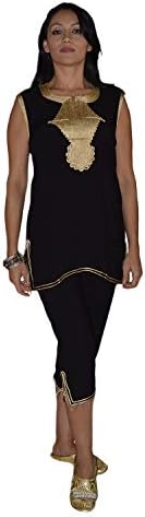 Moroccan Pant Set Caftan Tunic Handmade Soft Cotton Fits Small to Medium Embroidered Black