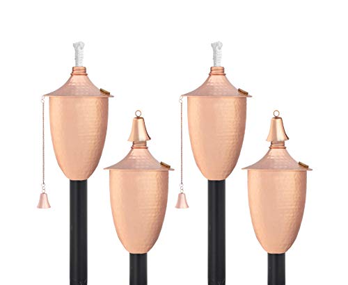Elegant Outdoor Tiki Style Torch - Set of 4 Small Oil Lamp Includes Matching Snuffer, Fiberglass Wick and 54" Metal Pole - Easy Set Up as Landscape Lighting or Simple Garden Decor (Hammered Copper)
