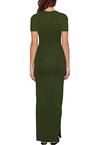 Meenew Womens Solid Short Sleeve Scoop Neck Summer High Slit Bodycon Maxi Dress Green S