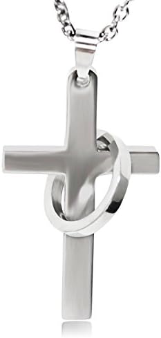 Stainless Steel Cross Necklace, Flashing Chain Necklace with Dedicated Cross for Men, 24 Inches (cross necklace with a ring;1.971.180.12 inch cross;24 inches chain)