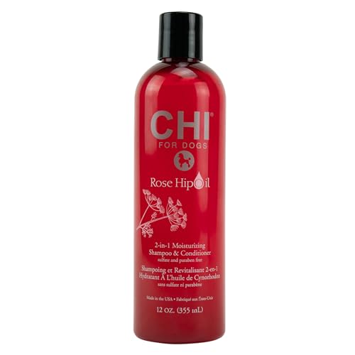 CHI FOR DOGS ROSE HIP OIL 2 IN 1 SHAMPOO AND CONDITIONER FOR DOGS, 12 OZ – BEST DOG SHAMPOO FOR DOGS WITH DRY SKIN – SULFATE & PARABEN FREE, PH BALANCED FOR DOGS, MADE IN THE USA