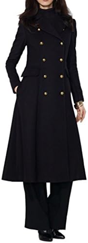 AZIZY Women's Fashion Black Lapel Double Breasted Slim Wool Pea Maxi Long Trench Coat XL