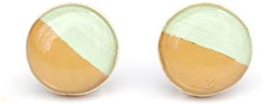 Mint green and camel stud earrings. Two tone color block wood post earrings by Starlight Woods.