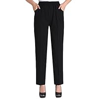 Soojun Womens Summer Elastic Waist Comfy Stretch Pull On Pants, Black, Large