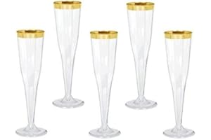 Oojami 100 Plastic Classic Champagne Disposable Flutes for Parties Plastic cups Wedding Party Toasting Cocktail Cups Bulk Party Pack (Gold Rim)