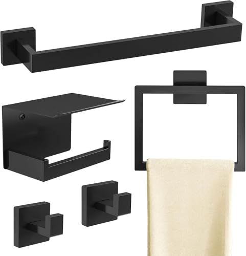 Bathroom Towels Holders Set, 5 Piece Bathroom Hardware Set, 16''Towel Bars, Matte Black Stainless Steel Wall Mounted Towel Racks Set, Towel Ring, Robe Towel Hooks, Toilet Paper Holder with Phone Shelf