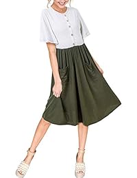 Vestido de bolsillo con manga de volantes a rayas casual de Aliling para mujer Botón Swing A Line Vestidos