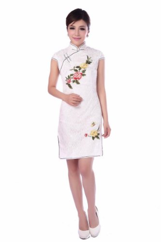 JTC Chinese Royal Cheongsam Lace Women's Dress Qipao White