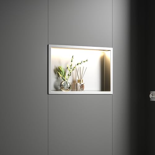 Bernkot Wall Mounted Stainless Steel Shower with LED, Recessed Shower Shelf, Double Layer, Niche for Bathroom, 60 x 30 cm, Tile Free, Black