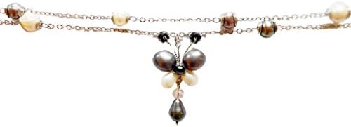 Khum Wieng Kham Women's Black &amp; White Freshwater Pearl Chain Anklet with Dangle Butterfly