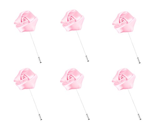L'vow Satins Rose Brooch for Wedding Handmade Lapel Pin Flower Boutonniere for Suit Pack of 6 (Pink#6pcs)