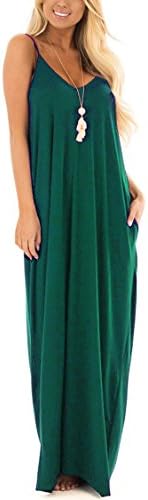 Herose Ladies Autumn Spaghetti Straps Flowy Maxi Dress 2 Pockets Beach Cover-up