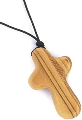 Olive Wood Holding Comfort Cross Pendant Necklace With Explanation and Prayer Card