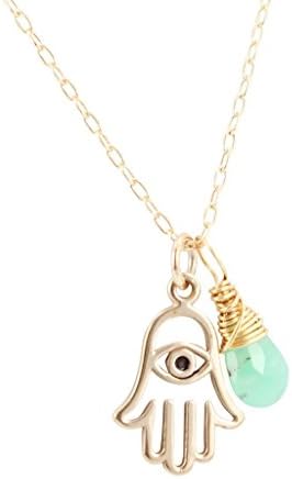 Protection Evil Eye Hamsa Hand Necklace with Chrysoprase Briolette, #6839-brz