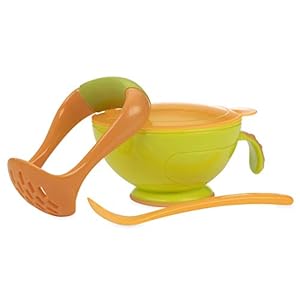 Nuby Garden Fresh Mash N’ Feed Bowl with Spoon and Food Masher (Green/Orange)