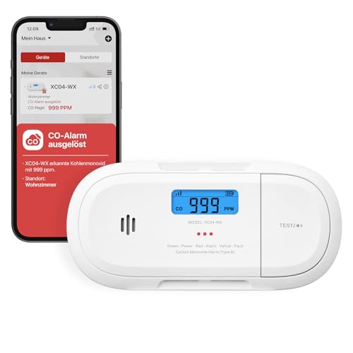 X-Sense Smart-Kohlenmonoxidmelder, WLAN-Kohlenmonoxidmelder, Echtzeit-Push-Benachrichtigungen über X-Sense Home Security-App, austauschbare Batterie,