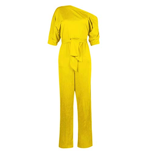 Sunhusing Women Solid Color Sexy Off-Shoulder Short Sleeve Siamese Trousers Belt Strappy Slim Jumpsuit Pants Yellow