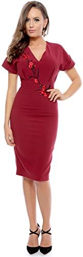 Burgundy Floral Embroidered Short Sleeve Sheath Midi Dress (40, Red)