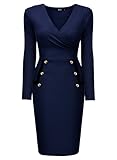 Miusol Women's Formal V Neck Navy Style Long Sleeve Slim Pencil Dress