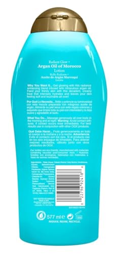 OGX RADIANT GLOW + ARGAN OIL OF MOROCCO EXTRA HYDRATING BODY LOTION FOR DRY SKIN, NOURISHING CREAMY BODY & HAND CREAM FOR SILKY SOFT SKIN, PARABEN-FREE, SULFATED-SURFACTANTS FREE, 19.5 OUNCE