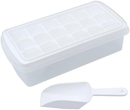 Amain Shop Ice Cube Trays with Lids,Ice Scoop,Ice Cube Bin,Makes 18 x 1.4" Large Ice Cubes,Easy Release,No-Spill,Odor Free White Ice Trays with Removable Cover