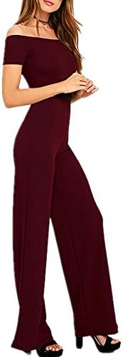 QINGYUAN Women's Elegant Off Shoulder Solid Long Cocktail Jumpsuit M Wine Red