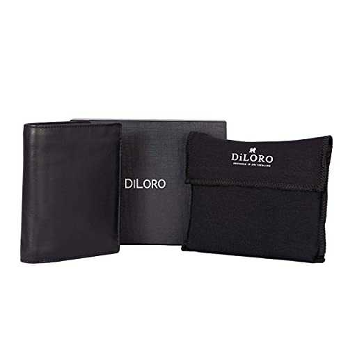 DiLoro Mens Wallets Italy Bifold Flip ID Leather Wallet Vertical Slots Coin and Zip Compartment Large Capacity RFID Blocking (Black Nappa)