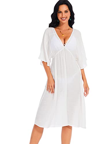 BREEZY LANE LONG BEACH DRESSES FOR WOMEN WHITE V NECK SHORT SLEEVE SWIMSUIT COVERUP RESORT WEAR FOR VACATION