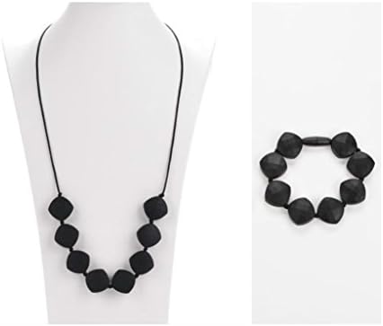 Silicone Teething Necklace And Bracelet Set With Diamond Shaped Beads - Breastfeeding Nursing Necklace - Teething Relief for Babies - Fashion Jewelry Set - Baby shower gift by Adams Pack (Black)