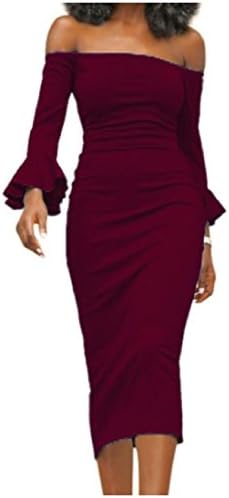 XiaoShop Womens Evening Party Long Flared Sleeve sexy Shoulder off Dress Wine Red M