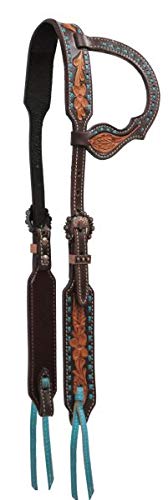 Showman Argentina Cow Leather Single Ear Headstall w/Floral Tooling & Teal Buckstitch! New Horse TACK!