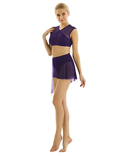 inhzoy Women's 2 Pieces Sheer Mesh Asymmetric Contemporary Dancewear Crop Tops with Short Skirt Set Purple X-Large