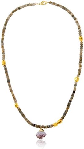 Kevia Labradorite and Metal Beaded Necklace with Amethyst Slice Pendant